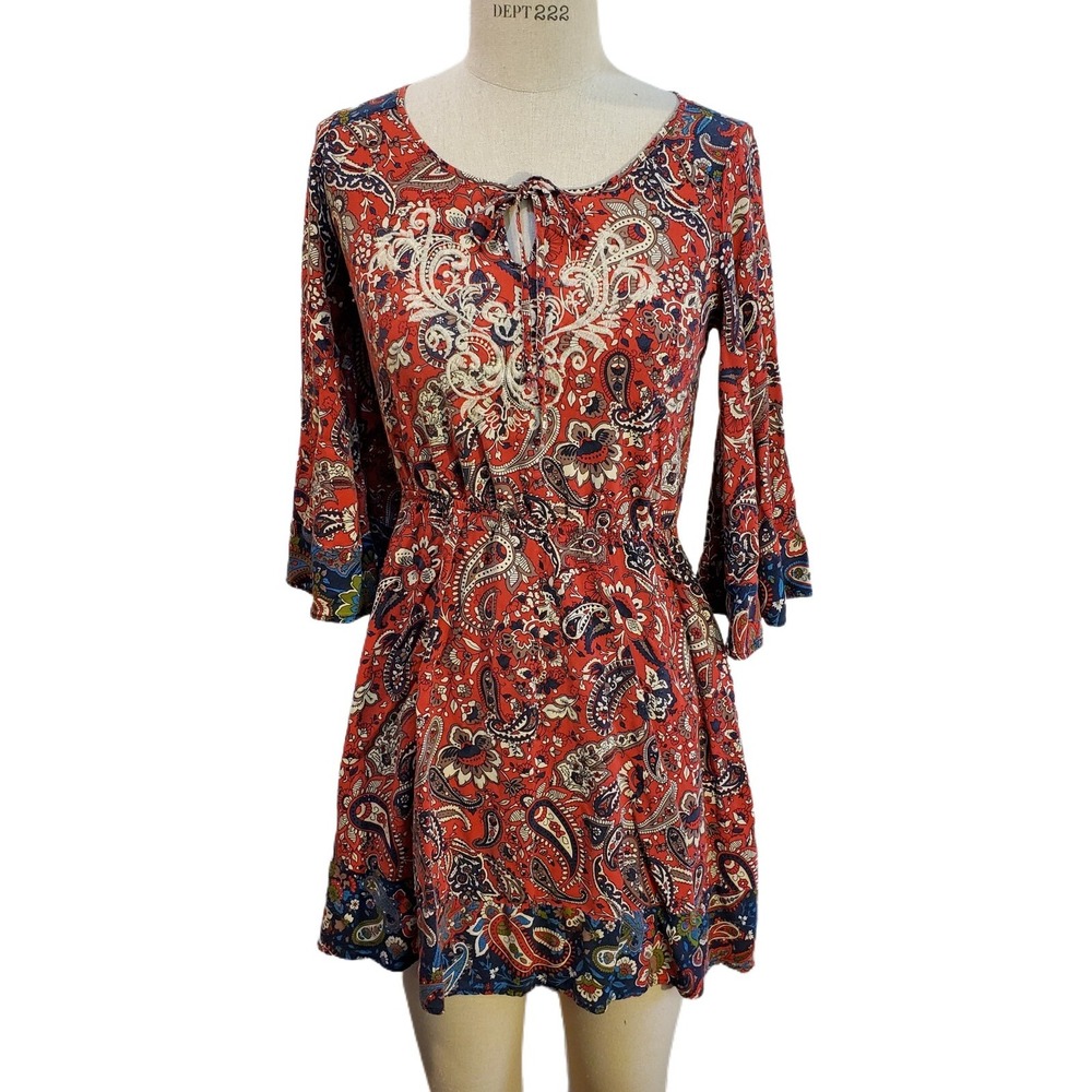 Women's Boho Peasant Embroidered Paisley Print Flying Tomato Mini‎ Dress Size S